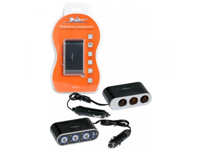 Прикуриватель-разветвитель 3 гнезда 5А + USB 1A, с выключателями нагрузки AIRLINE